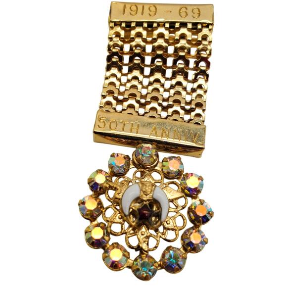 Masonic Mesh Shriners Badge Bar Pin Gold Tone Mesh Lapel Brooch AB Rhinestone - Picture 10 of 10